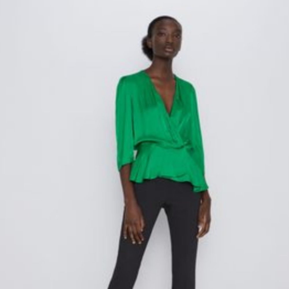 ZARA New Satin Wrap Blouse - Emerald Green - S - Picture 5 of 6